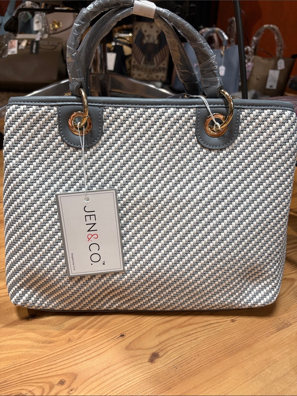 JEN&CO. Gray and White Woven Tote with Gold Accents